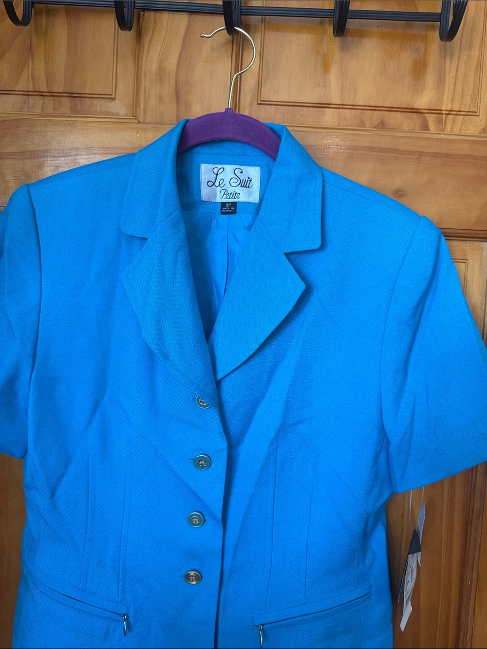 Le Suit Petite Bright Turquoise Short-Sleeve Blazer